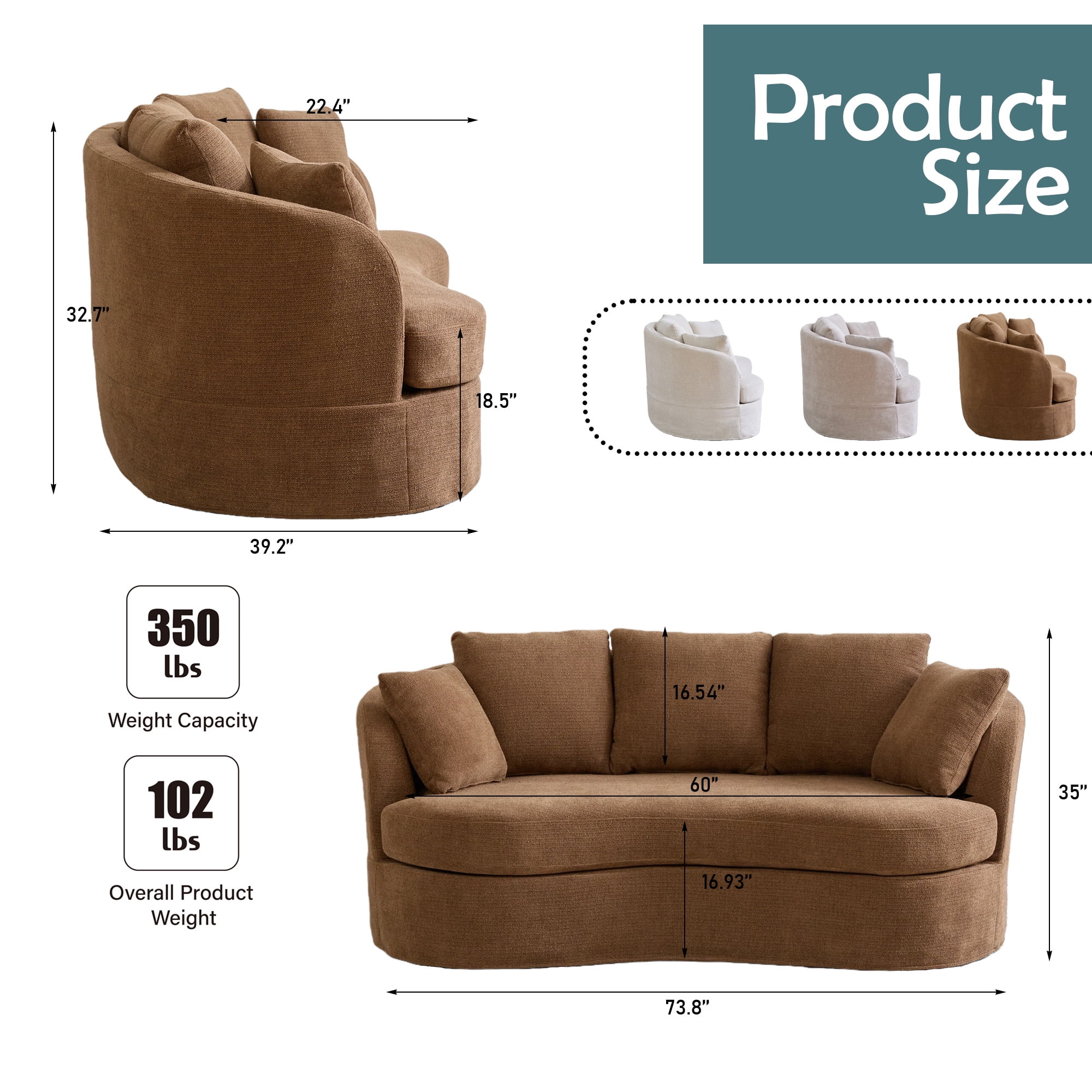 Arouseden 74" Curved Sofa for Small Spaces,Curved Loveseat Couch with 3 Cushions and 2 Throw Pillows,Chenille Loveseat with Curved Backrest,2 Seater Sofas Couch for Living Room(Curved/Camel)