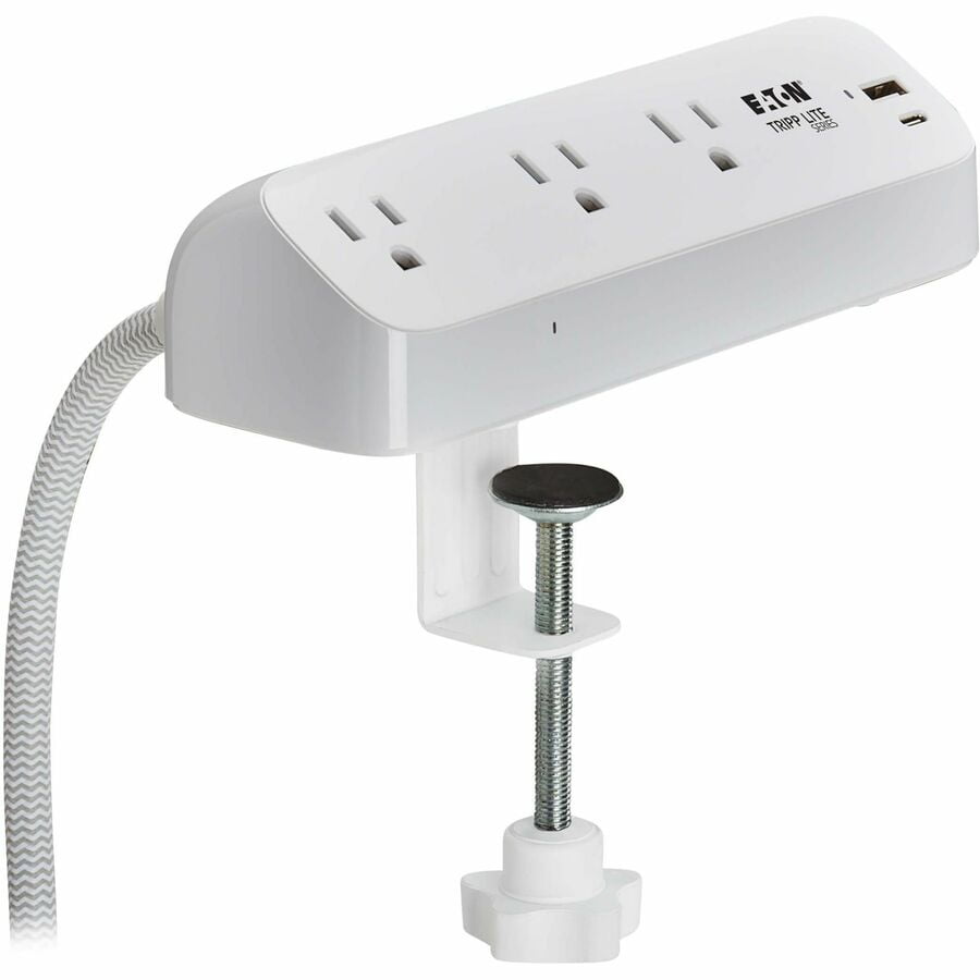 Eaton Tripp Lite Series Protect It! 3-Outlet Surge Protector with USB-A and USB-C Ports, 5-15R Outlets, 900 Joules, 20W PD Charging, Desk Clamp, 8 ft. (2.4 m) Braided Cord, White