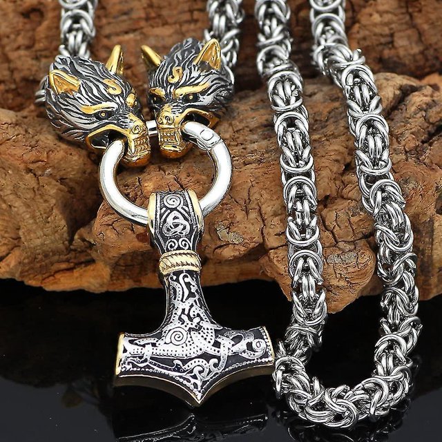 Men Wolf Head Necklace Norse Jewelry Amulet Thor's Hammer Pendant Necklace