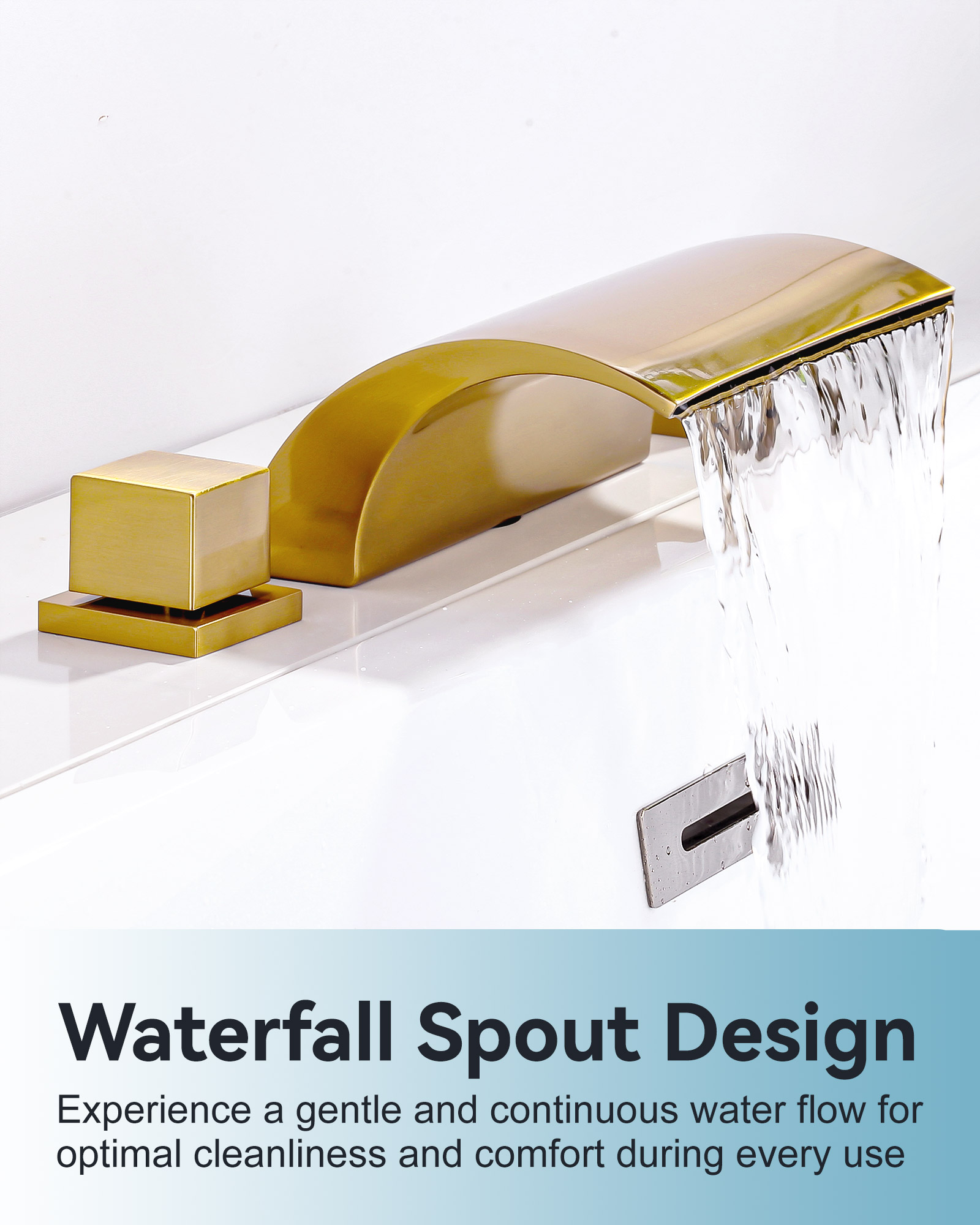 Wowow 2 Handle Waterfall Tub Faucet, Brass 3-Hole Bathtub Faucet, Gold