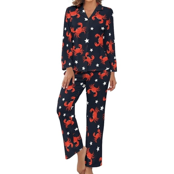 Top-kevin Women's Pajama Sets Sea Lobster Cartoon Long Sleeve Lounge Sets Pjs Sleepwear with Pockets