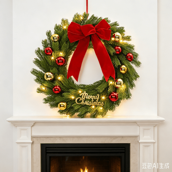 24 Inch Pre-Lit Artificial Pine Greenery Christmas Wreath with Red Bow Ball Ornaments LED Lighted Wreath for Front Door Porch Entryway Fireplace Wall Window Indoor Outdoor Holiday Decor