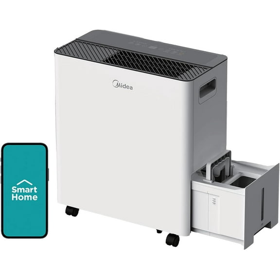 Restored Midea Dehumidifier, 50 Pint, Up To 4,500 Sq Ft, Built-In Pump, Wi-Fi and Alexa, White