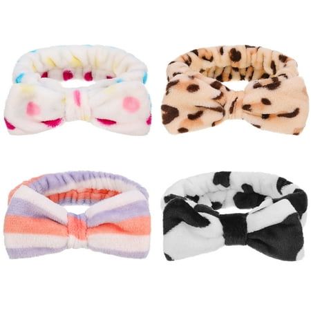 BUBABOX 4 Pack Bowknot Spa Headband, Coral Fleece Makeup Hair Band Face Wash Headband, Face Washing Headbands For Women