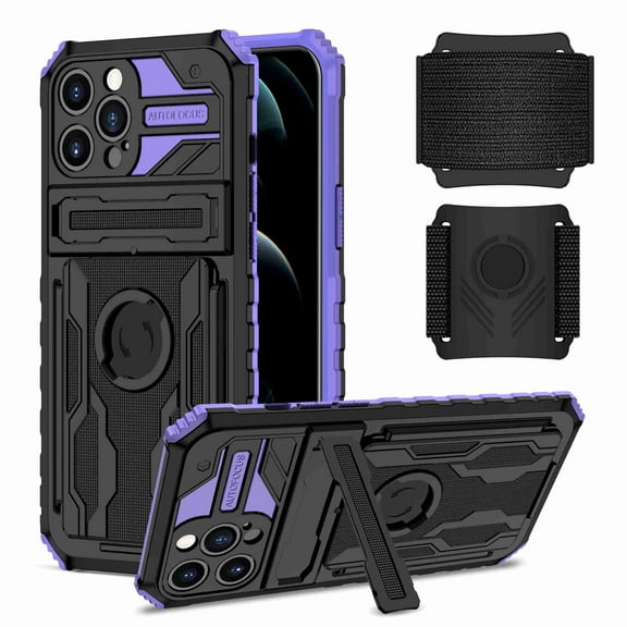 Dteck Detachable Sports Wristband Case for iPhone 13 Pro Max, Shockproof Hard PC TPU Bumper Hybrid Kickstand Cover, Great for Hiking Biking Walking Gym Running Workout Exercise Arm Band Case (Purple)