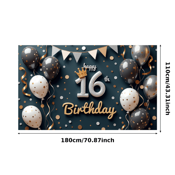 Polyester Material Happy Birthday Glittering Design Banner Colorful Balloons Birthday Party Decoration for Sweet 16 Event Celebration Indoor Decoration