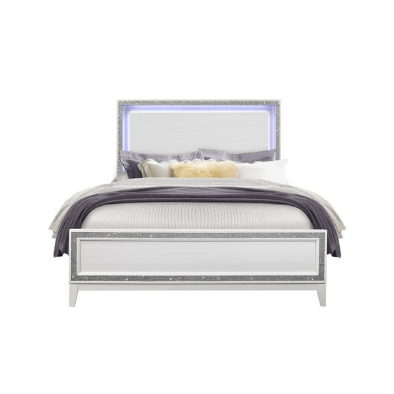 Global Furniture USA Lily White Wood Queen Bed w LED and Crushed Crystal Accent