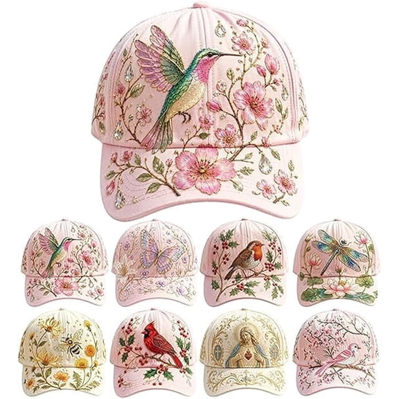 Vintage 3D Floral Bird Baseball Cap, Soft Washed Cotton Curved Brim Sun Hat, Butterfly Dragonfly Bee Cardinal Robin Flower Embroidery Casual Outdoor Sports Hat for Women, Hummingbird