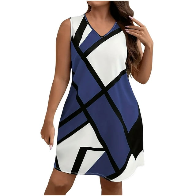 Robes d'Été Grande Taille pour Femmes Sans Manches Décontractées T-Shirt Débardeur Robes de Plage Travail Bureau Robe Trapèze Bleu, TG