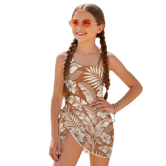SEANATIVE Girls One-Piece Swimsuits with Mesh Cover-up Skirt One-Piece Bathing Suits Back Cutout Swimwear for Kids Teenagers, Size 7-8, Tropical Flower Leaf Orange Brown