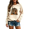 thumbnail image 4 of Women Crew Neck Halloween Witch House Graphic Sweatshirt, Drop‑Shoulder Long Sleeve Loose Pullover, Vintage Retro Fall Holiday Top for Halloween Party Trick‑or‑Treat Daily Wear, 4 of 4