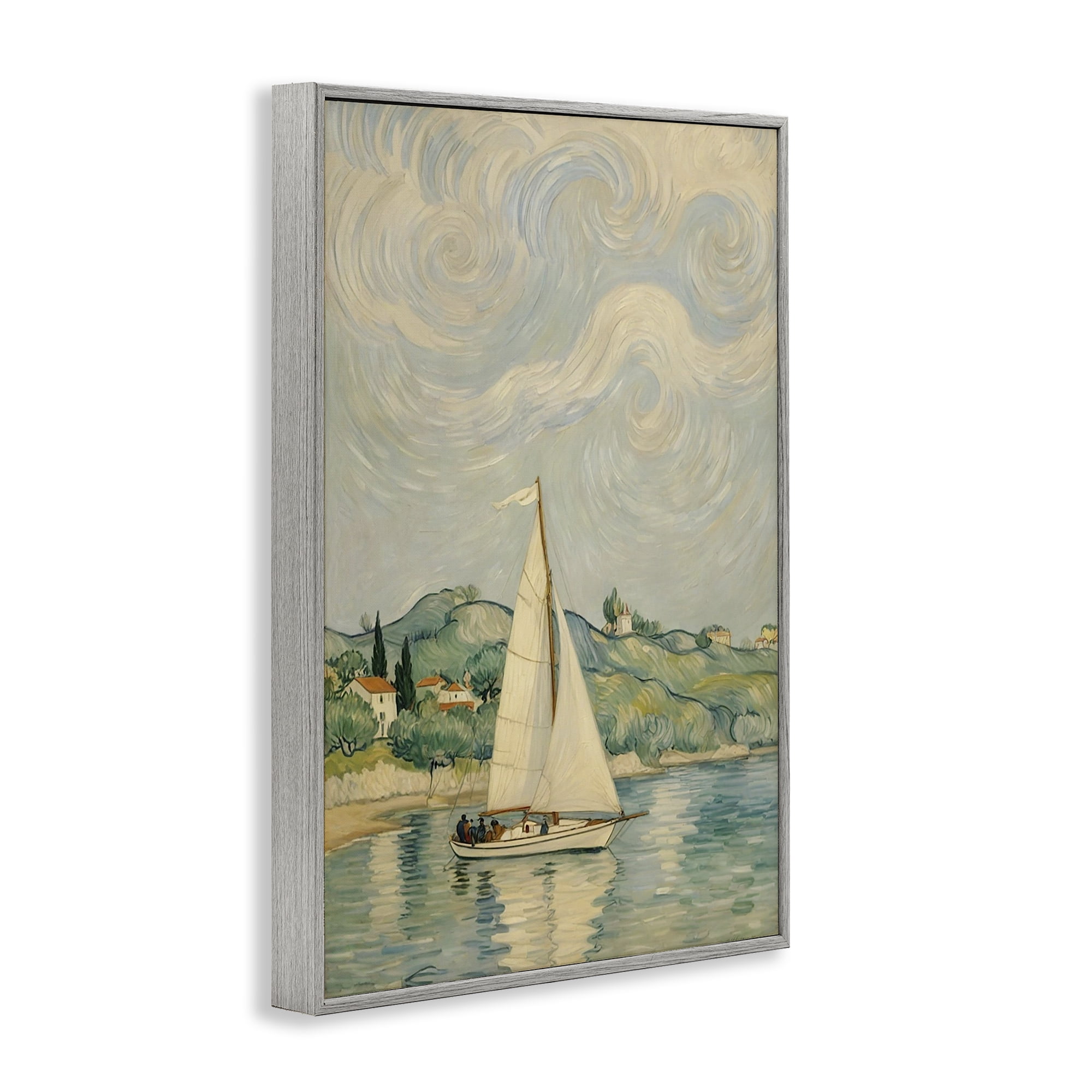 Stupell Industries Sailboat Beneath Swirling Clouds Gray Framed Giclee Art, design by Angie Hawke