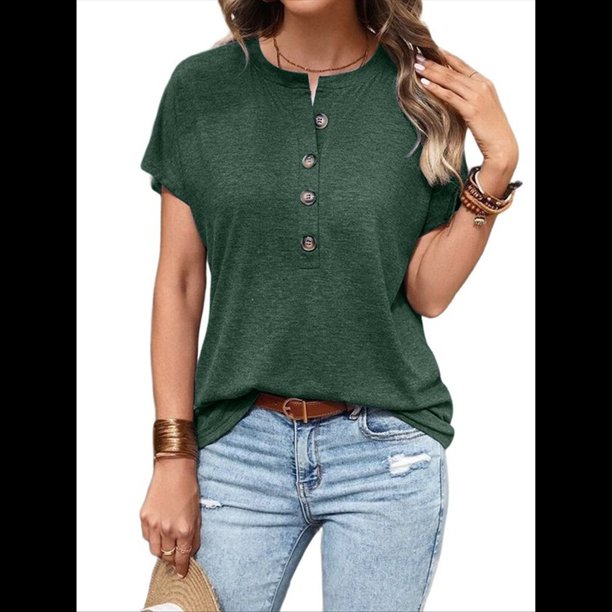 Tops Henley de Corta para Mujer, Cuello en V, Elegantes, Informales, de Corte Holgado, Verde S