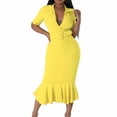 thumbnail image 2 of QIPOPIQ Robes Moulantes pour Femmes Manches Courtes Couleur Unie Portefeuille Fesses Robe d'Été à Volants Col en V Mi-Mollet Offres 2023, 2 of 9