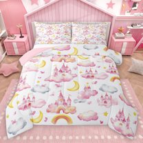 Homewish Cartoon Princess Castle Queen Comforter Set,Fairy Tale Theme Bedding Sets,Moon Stars Pattern Bedding Comforter Set For Girls Kids,Breathable Home Decor Reversible,3 Pieces