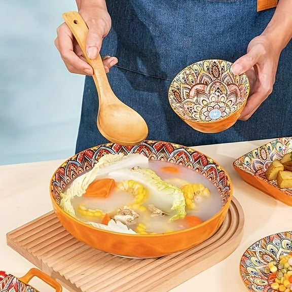 2-Pack Bohemian Ceramic Tableware | Hand-Painted Plate & Bowl Set | Vintage Light Luxury for Soup & Pasta