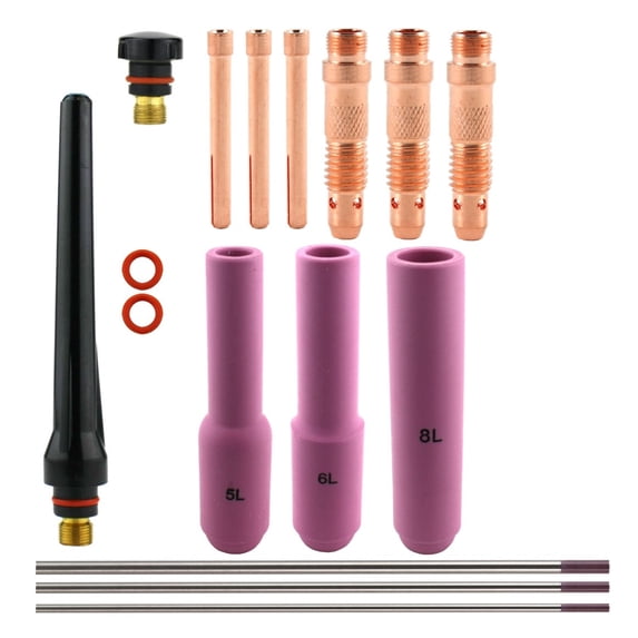 Consumables Kit for 17-18-26 Series TIG Torches with Standard Set-Up - Long Nozzle - Sizes: 1/16", 3/32" and 1/8" with Tungstens (Model: AK-3-STDL-T)