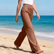 Linen Pants Women Pull On Elastic High Waisted Wide Leg Baggy Pants with Pockets Breathable Straight Leg Trousers Brown M