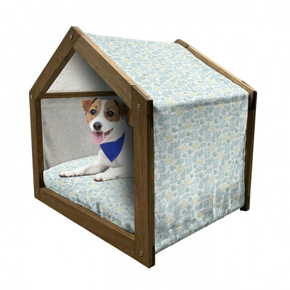 Starfish Pet House, Crab and Fish in a Cartoon Illustration of Underwater Fauna, Outdoor & Indoor Portable Dog Kennel with Pillow and Cover, 5 Sizes, Pale Green Pale Blue, by Ambesonne