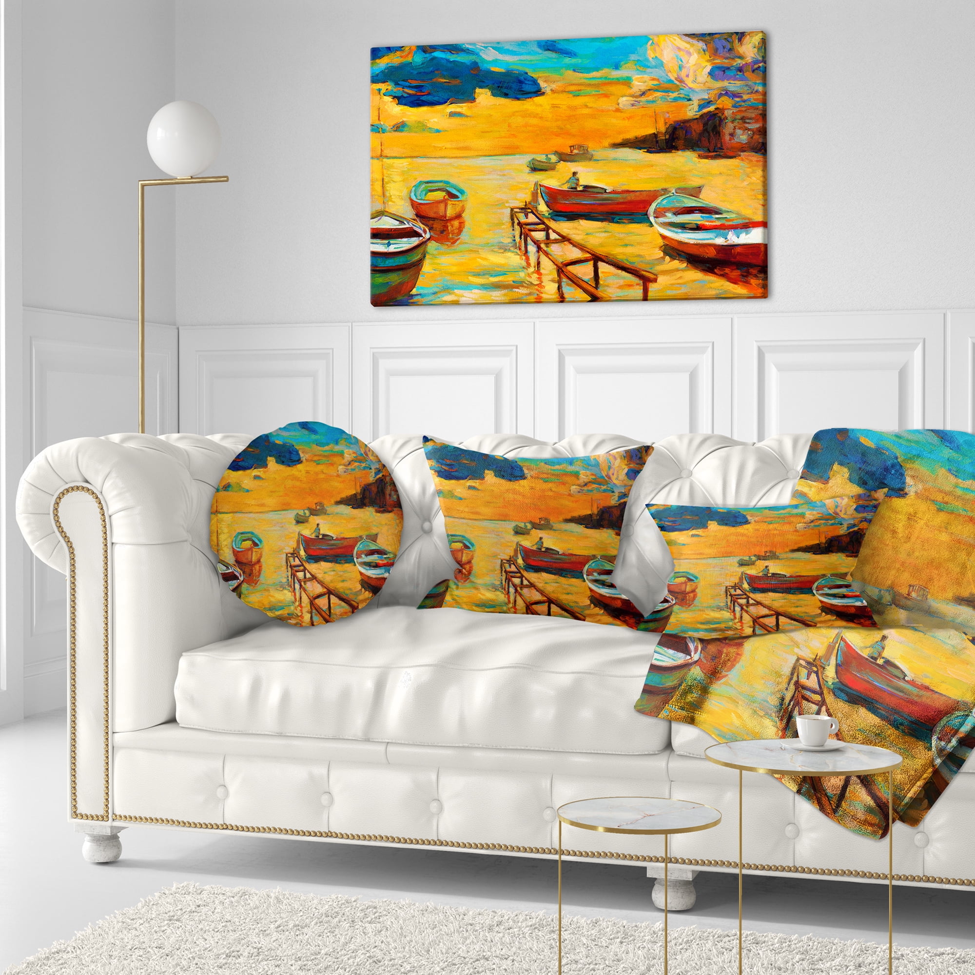 Designart Boats in Beautiful Sea - Seascape Throw Pillow - 12x20