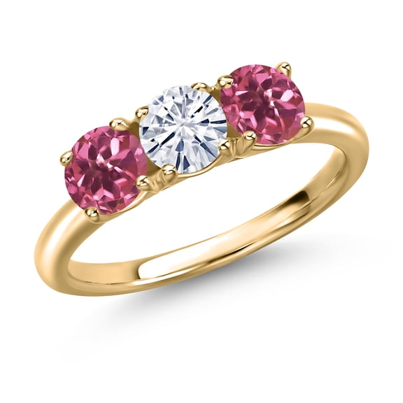 Gem Stone King 10K Yellow Gold White Moissanite and Pink Tourmaline Engagement Ring for Women | 1.54 Cttw | Round 5MM | Gemstone Birthstone | Size 9