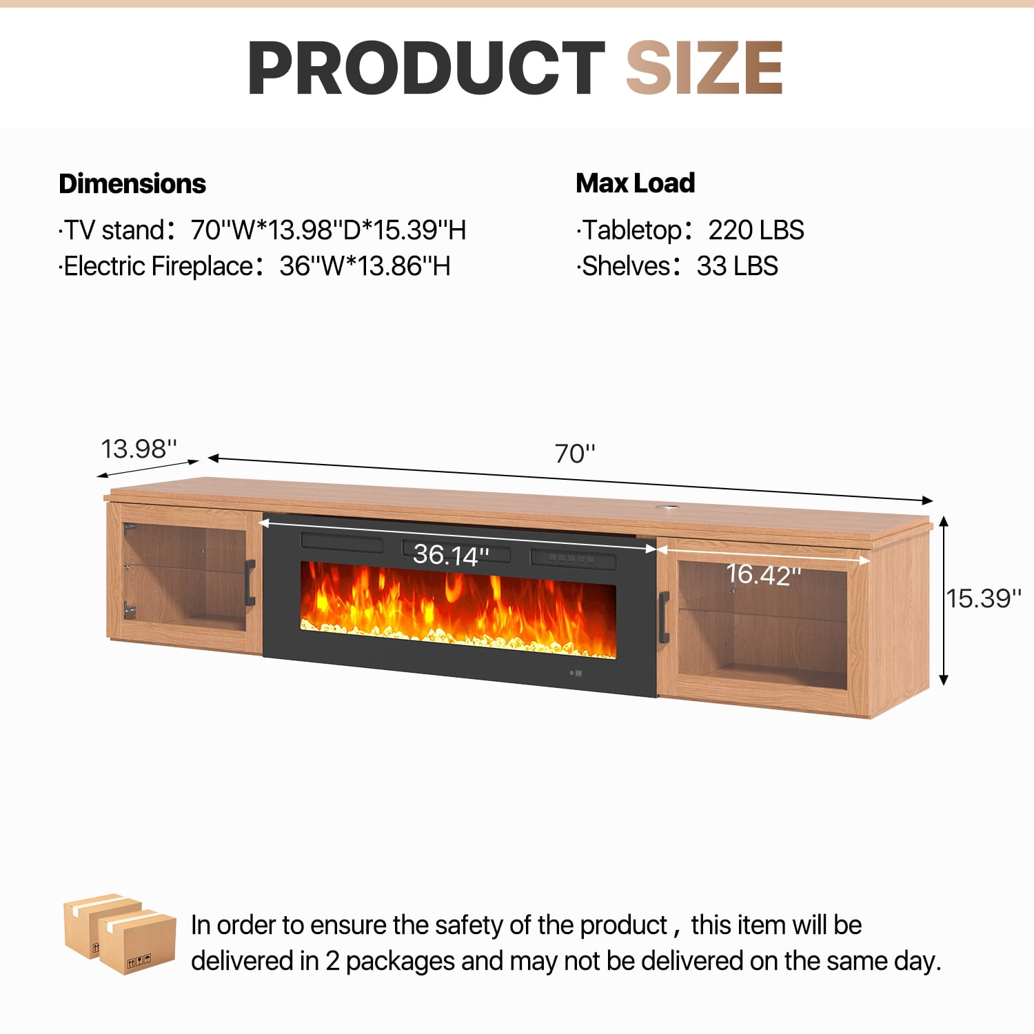 Sonegra Floating Fireplace TV Stand for TVs up 80", Wall Mounted Fireplace Entertainment Center, 70" Console Table with Electric Fireplace, Brown, WI-FI Enabled