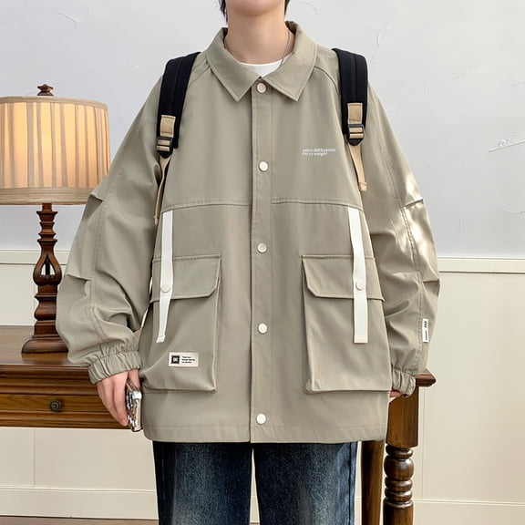 Maoxin Mens Jacket Men's Casual Loose Fitting Workwear Long Sleeved Hooded Jacket Beige 3XL