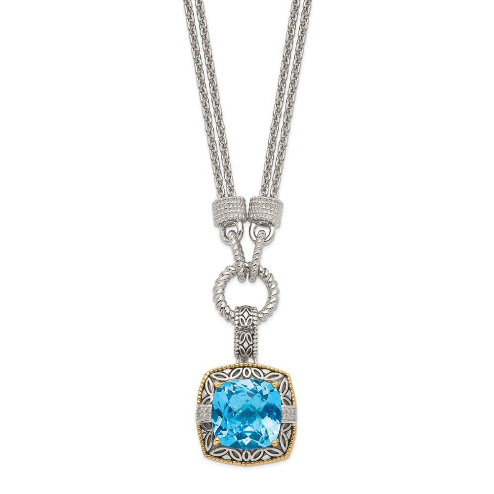 14K Two-Tone Gold necklace Gemstone Yellow Sky Blue Topaz Cushion Diamond Round 17 in 5 mm