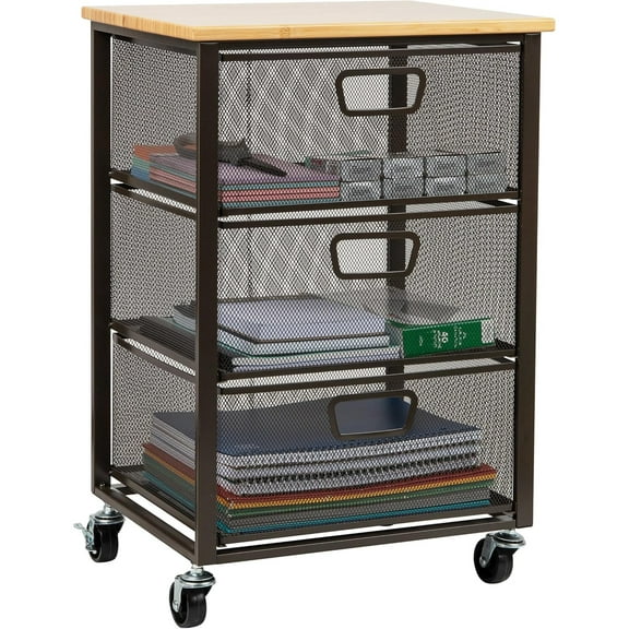 3-Drawer Rolling Storage Cart, Office Organizer with Wood Top, Multipurpose Portable Cabinet with Wheels, Metal Mesh, Black