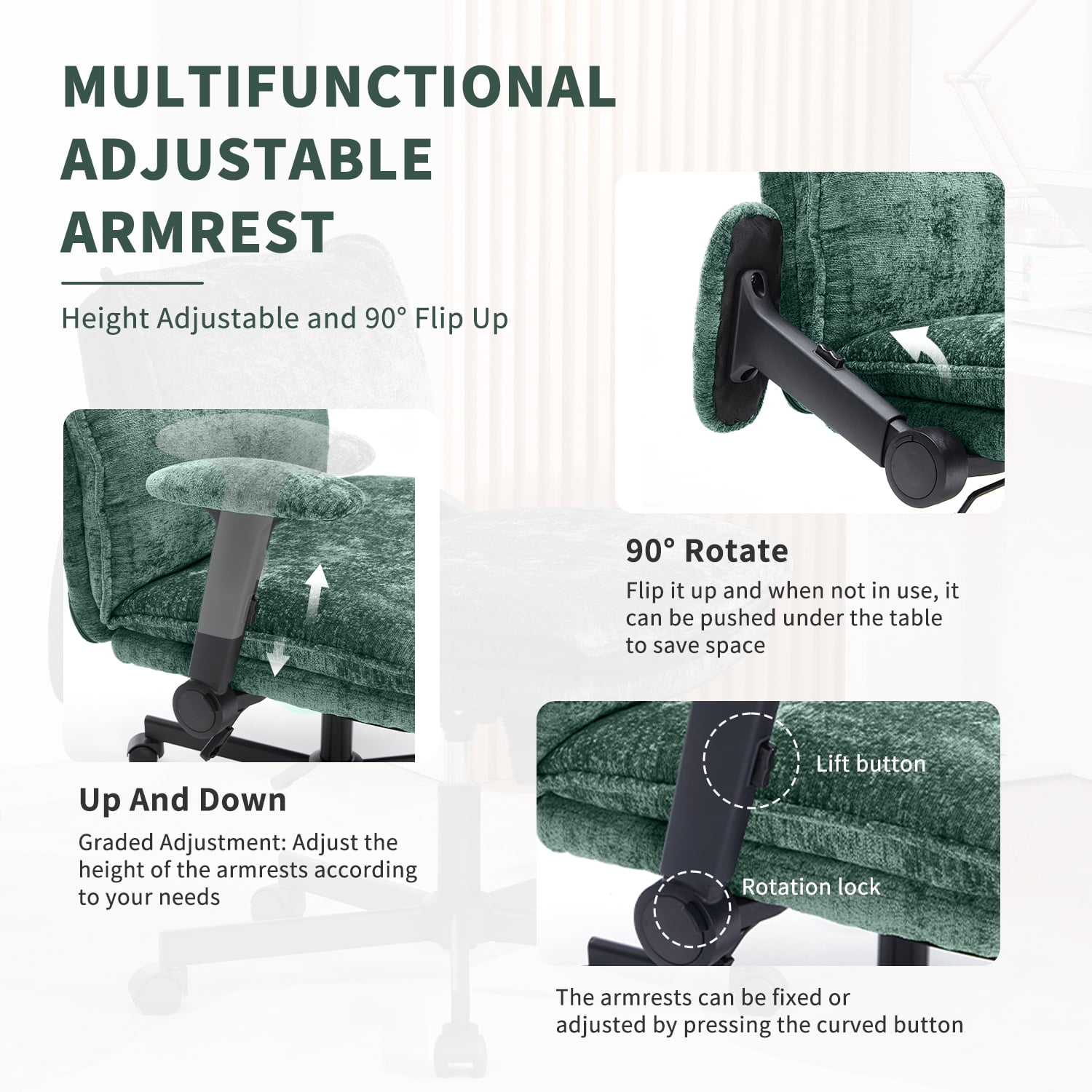 Criss Cross Chair with Wheels and Adjustable Flip-Arms, Cross Legged Office Chair with Thick Cushion, Wide Makeup Vanity Chair, Comfy Swivel Desk Chair for Home Office, Apartment, Bedroom, Green