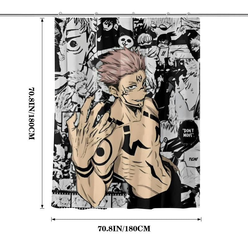 Lheaggik Anime Jujutsu Kaisen 4 Pcs Bathroom Sets with Shower Curtain and Rugs, Waterproof Polyester Shower Curtain Sets with Hooks