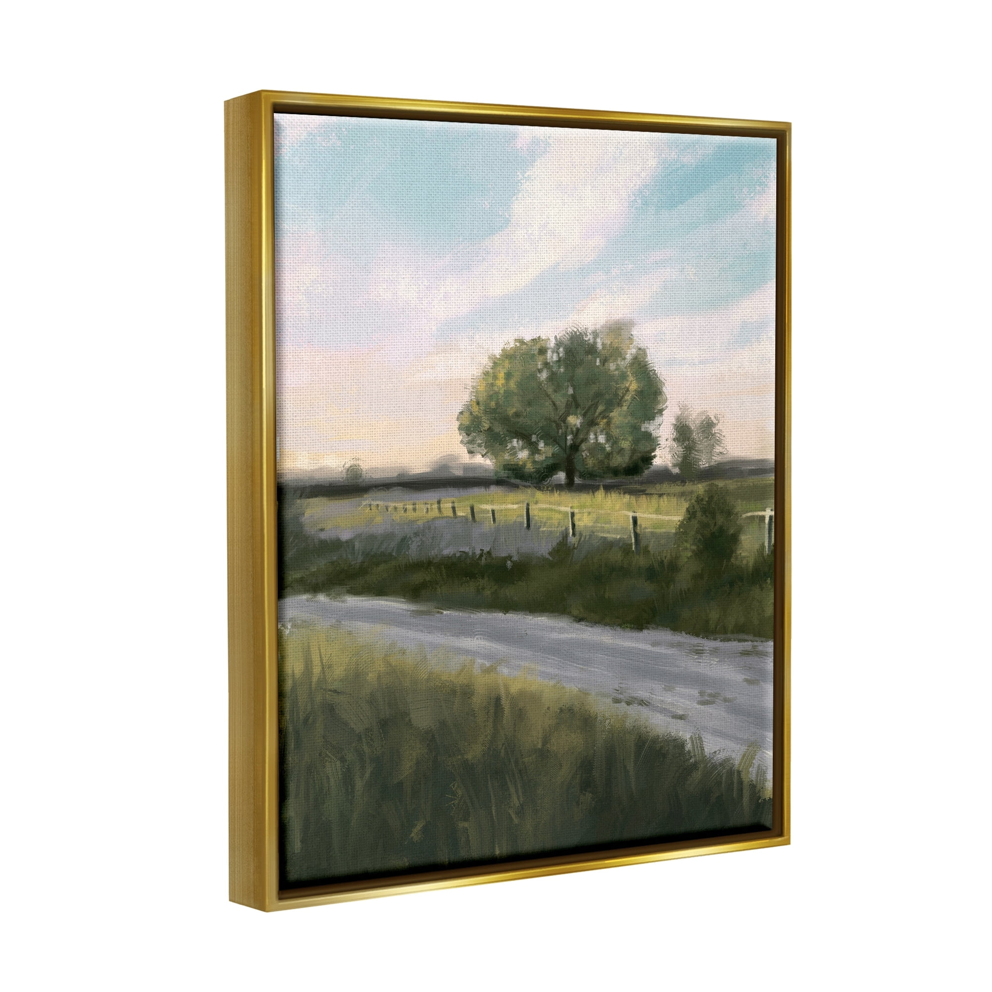 Stupell Industries Rural Grasslands Lone Country Tree Clear Sky Painting Metallic Gold Floating Framed Canvas Print Wall Art, Design by Ziwei Li