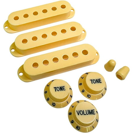 AxLabs Pickup Covers, Knobs, & Switch Tips Set for Strat-Style Guitars - Aged White / Cream, Vintage (52 mm) Black Font