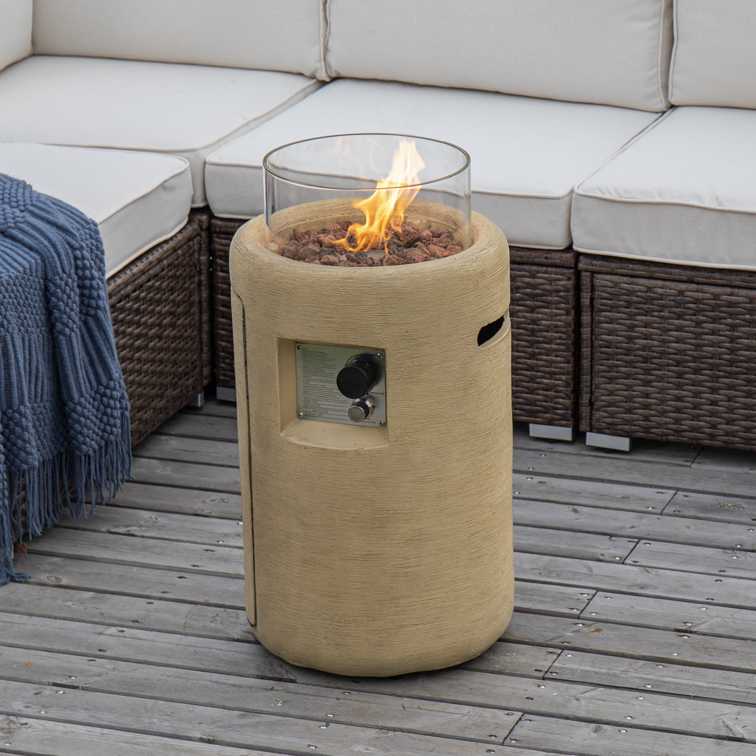 COSIEST 40,000BTU 16-inch Round Outdoor Propane Fire Pit Table w Glass Wind Guard(Apricot)