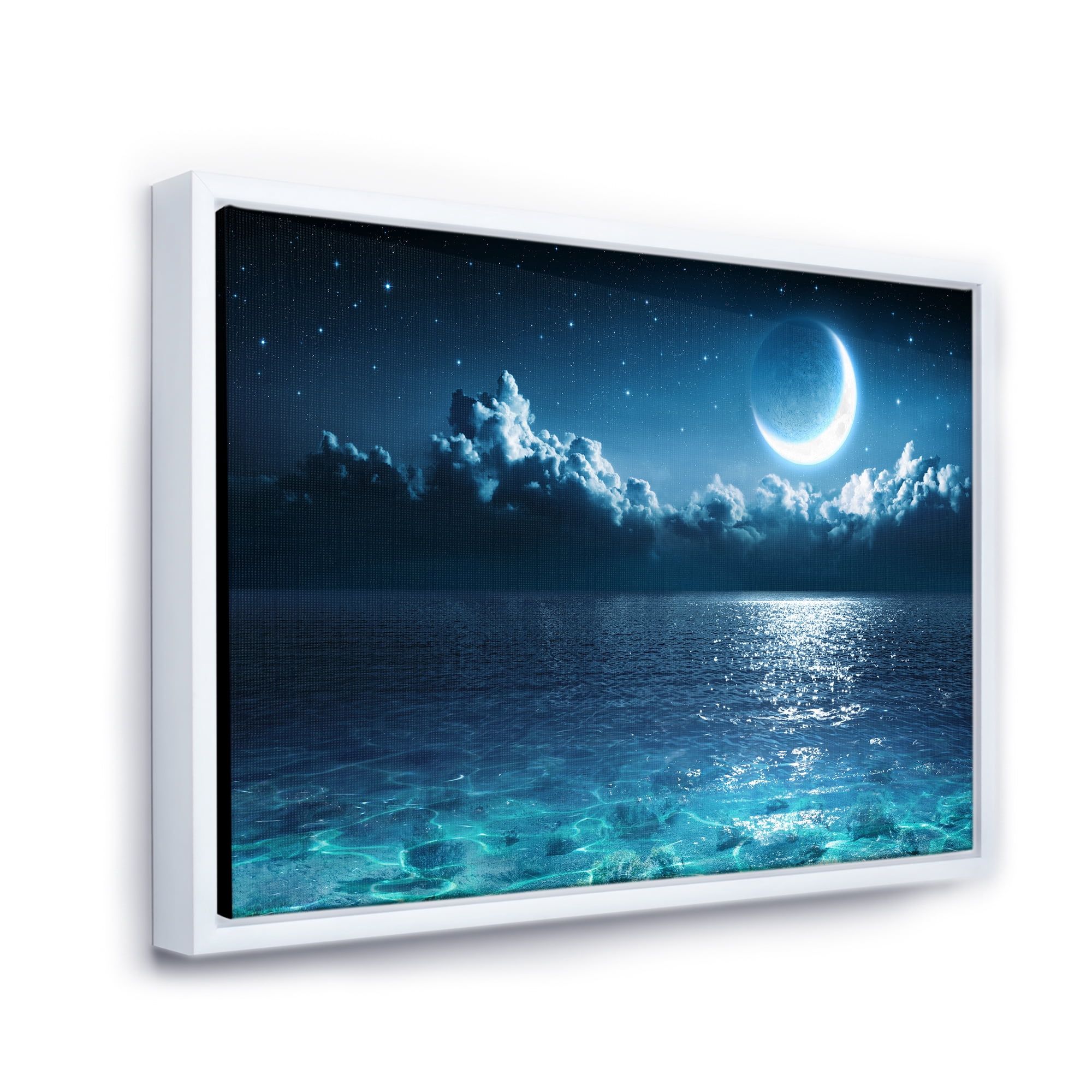 Designart 'Romantic Moon and Clouds Over Deep Blue Sea I' Nautical & Coastal Framed Canvas Wall Art Print