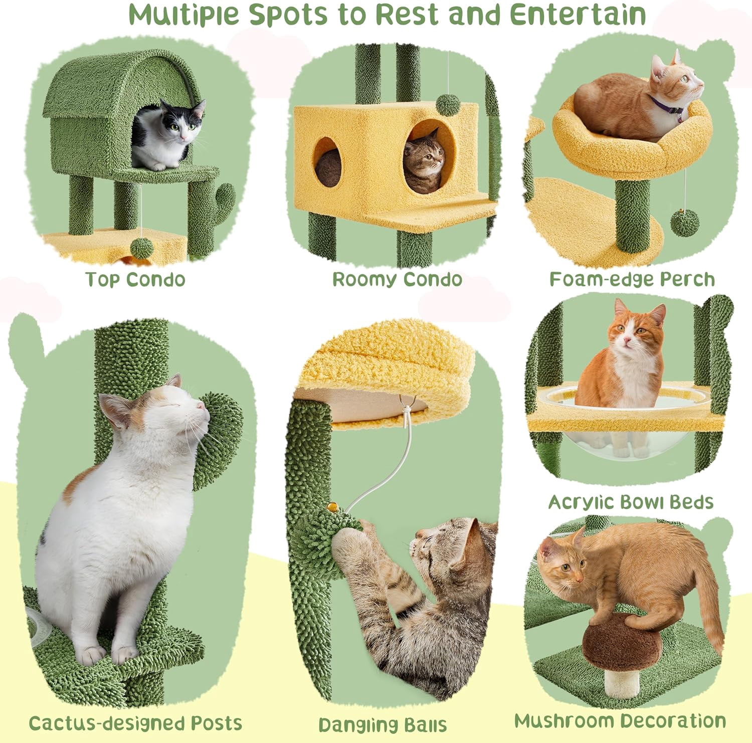 WSWJY 68.5in Tall Cactus Cat Tree, Multi-Level Tower with 2 Large Condos, Scratching Posts, 2 Acrylic Clear Bowls, Mushroom Perch & Dangling Balls