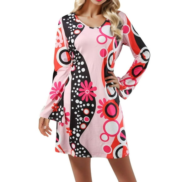 Kcodviy 70S Disco Outfit Women Long Dress 7 Pcs 70's Disco Midi Dress with Slit Dress Hippie Clothes Accessories Casual Dress Jewelry Halloween