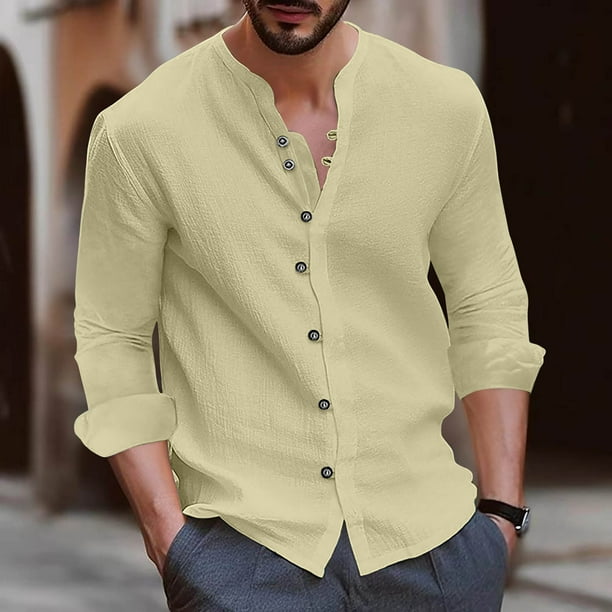 Blusas y camisas de manga larga con cuello redondo para hombre, blusa informal de moda lisa con cuello redondo y botones, blusa de manga larga para hombre.