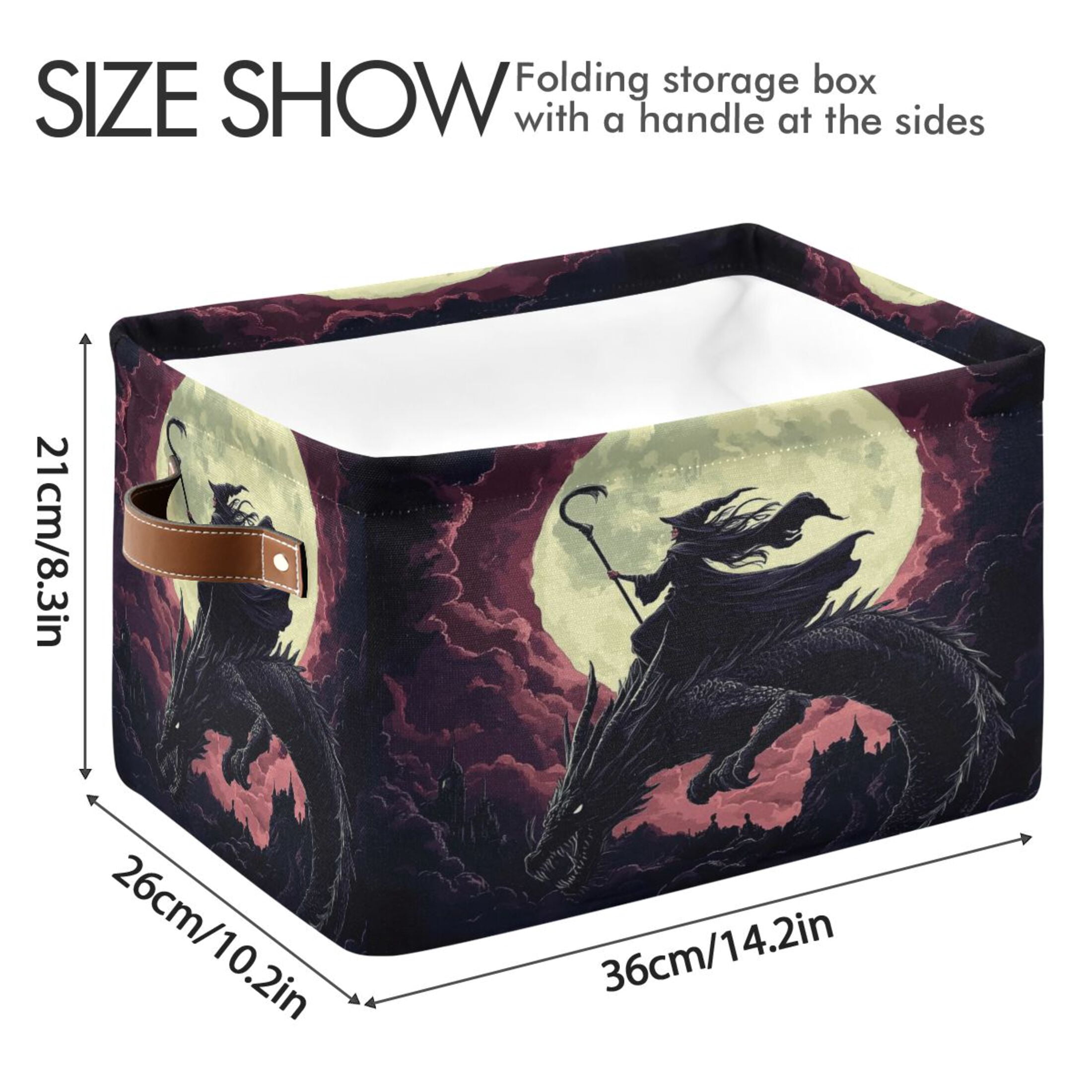 WOBOGO Witches and Black Dragon Square Storage Basket with Waterproof Canvas and PE Lining Durable PU Leather Handles 14.2×10.2×8.3in