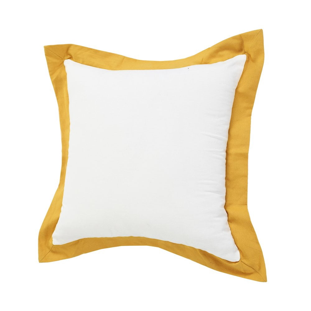 LR Home Ox Bay Hand-Woven White/Yellow Bordered All-Natural Cotton Pillow Cover