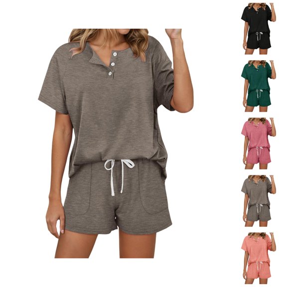 Women's Solid Color Short Sleeved Shorts Casual Set Button Drawstring Tie Up Sportswear