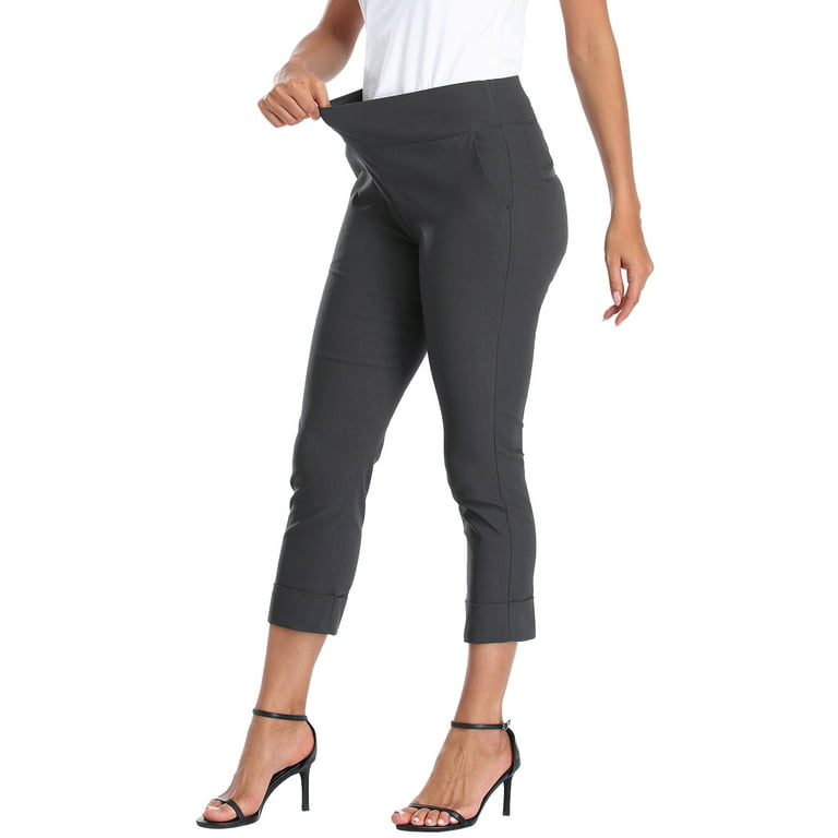 HDE Pull On Capri Pants For Women with Pockets Elastic Waist Cropped Pants  Charcoal - M 