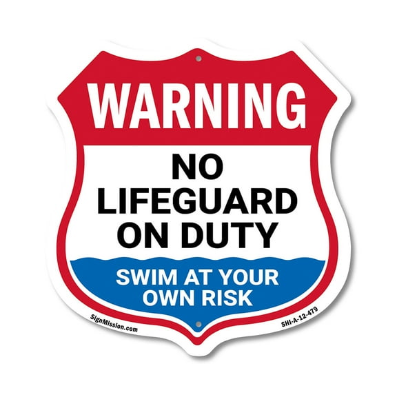 Warning No Lifeguard On Duty 12 inch X 12 inch Shield-Shaped Rust-Free Aluminum Metal Sign Weather Resistant, UV Protected for Workplace Made in the USA