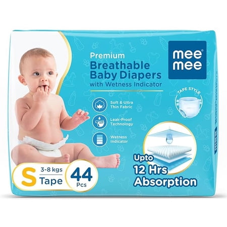 Mee Mee Premium Baby Tape Style Diapers, Breathable Small Diapers 44Pcs, 3-8 Kg, Skin Friendly, Super Absorbent, Cotton With Wetness Indicator