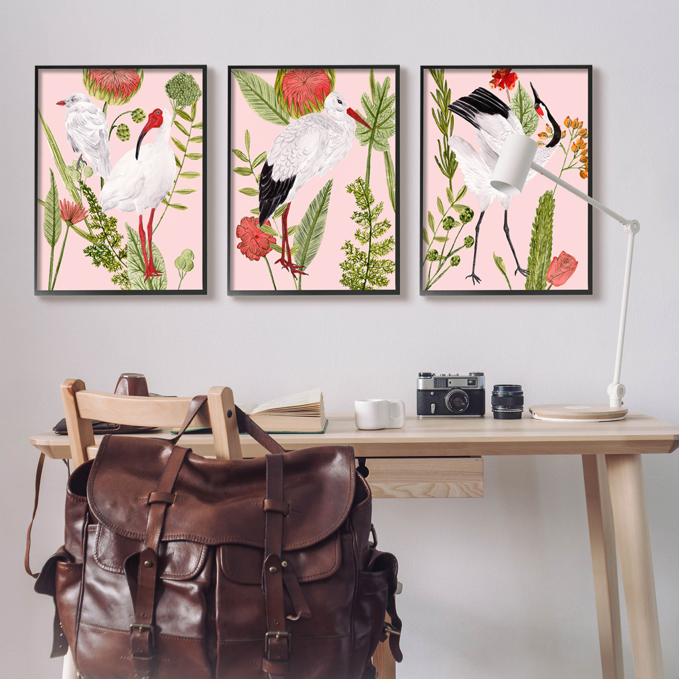 Stupell Industries Crane Bird Pink Botanicals Graphic Art Black Framed Art Print Wall Art, Set of 3, Design by Melissa Wang