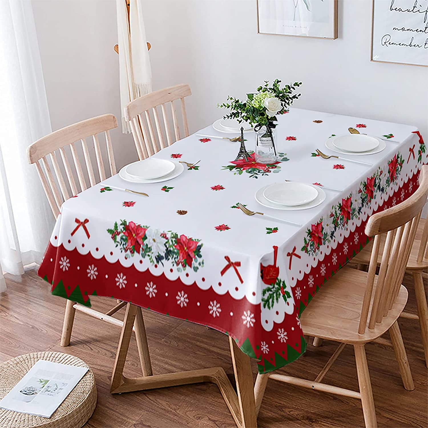 Christmas Tablecloth Rectangle Oval Red Cardinal Bird Poinsettia Floral And Snowflake Table