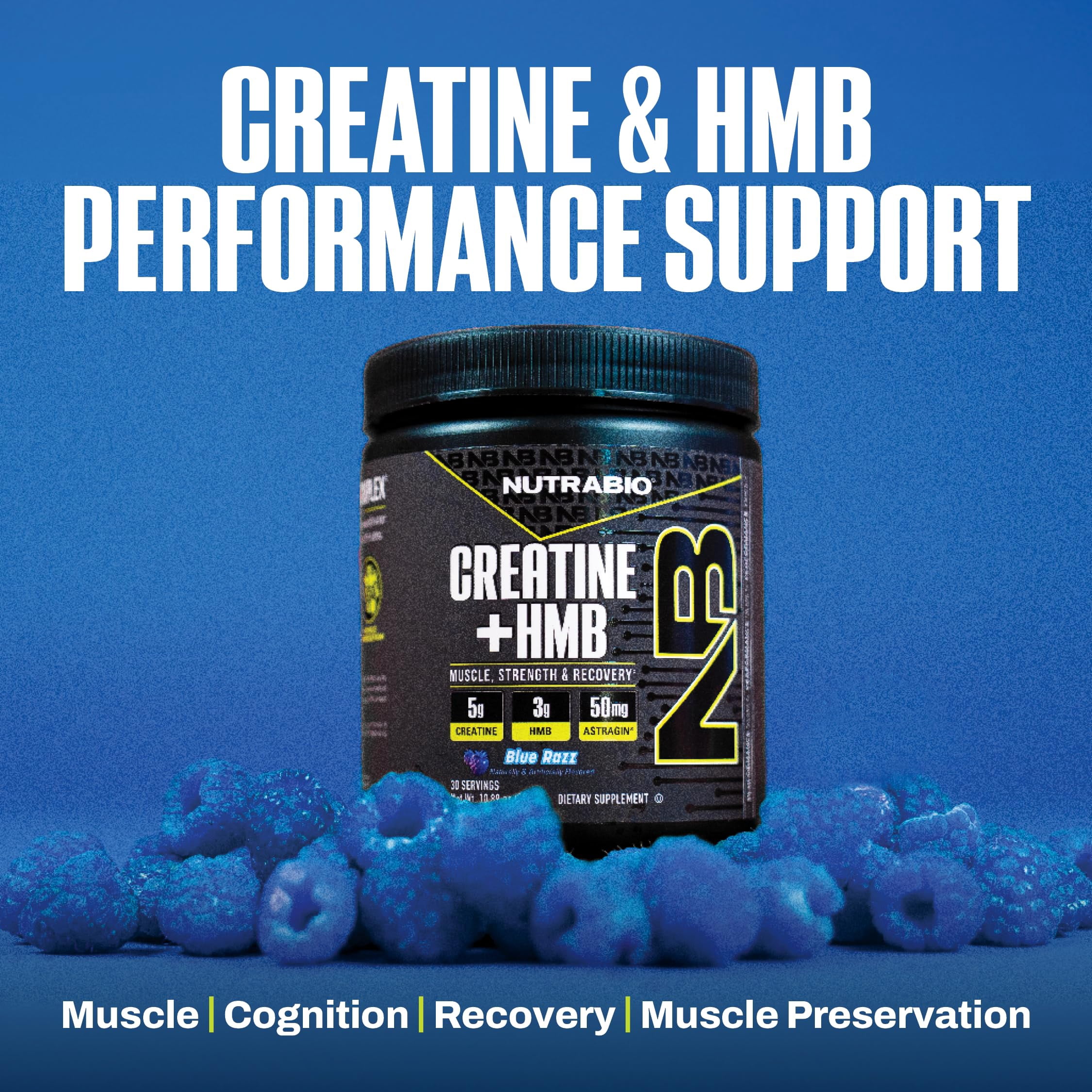 NutraBio Creatine + HMB- Creatine Monohydrate with HMB Powder for Muscle Growth, Increased Strength- 30 Servings (Blue Razz)