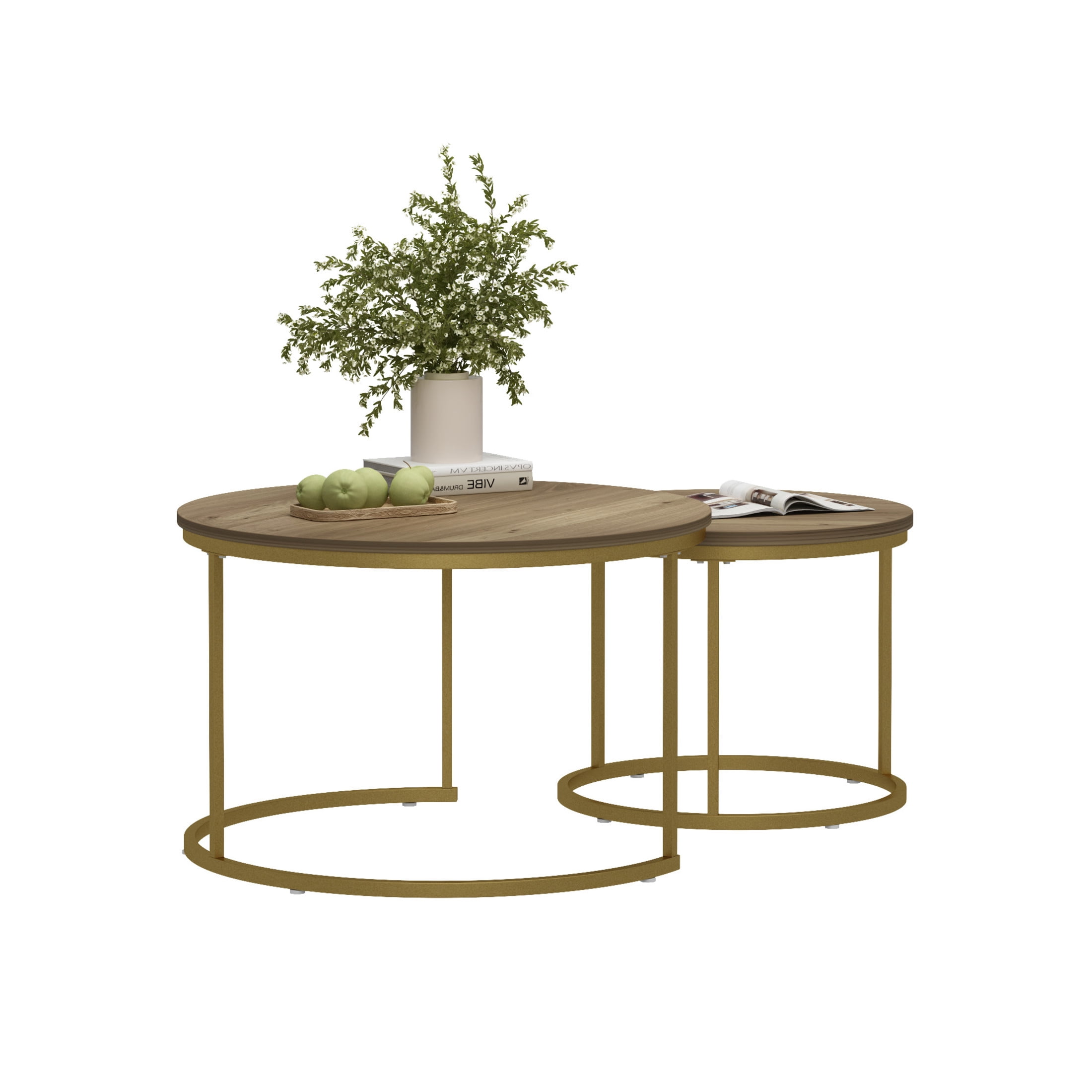 Noble House 27.6" Round Nesting Coffee Table with Grain Top, Wooden Side End Tables for Living Room, Brown, Set of 2