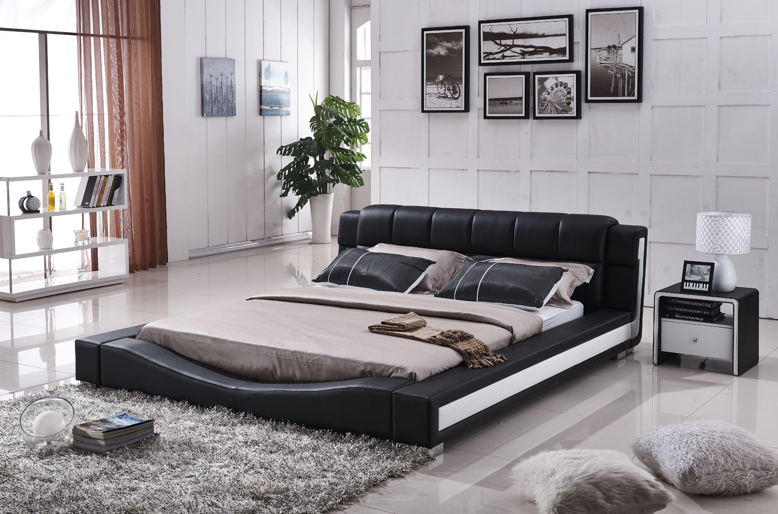 Uspridefurniture Murphy Contemporary Faux Leather Platform Bed, Black, Eastern King