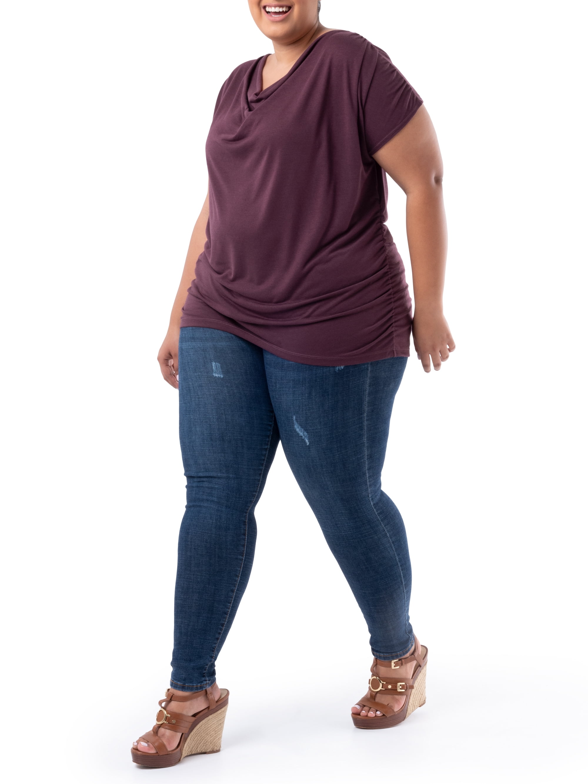Wright's Women's Plus Size Draped Front Cowl Neck Short Sleeve Blouse Top, Size 1X-5X